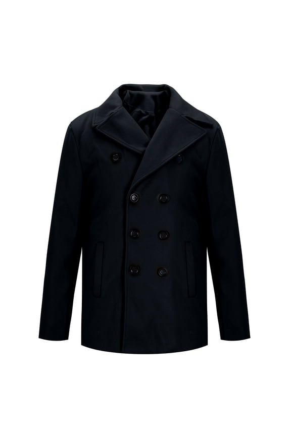 Men's Peacoat Double Breasted Wool Classic Winter Coat Turndown Collar Long Sleeve Overcoat Casual Warm Coat Black XXL