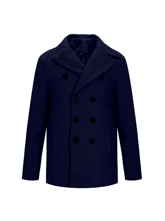 Men's Peacoat Double Breasted Wool Classic Winter Coat Turndown Collar Long Sleeve Overcoat Casual Warm Coat Navy M