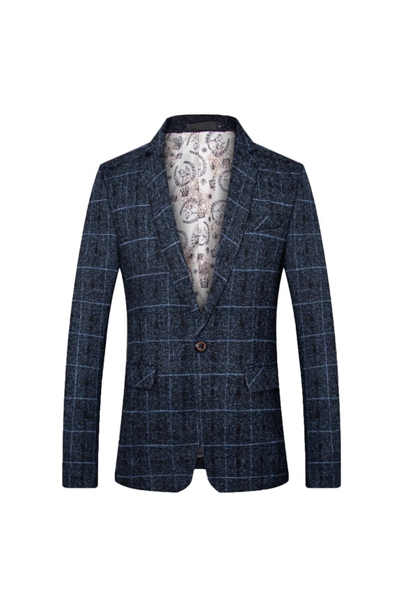 Men's Plaid Blazer Slim Button Up Jacket Single Breasted Business Wedding Suit Blazer Formal Work Coat Dress Blazer Office Wear Navy XXXXXL