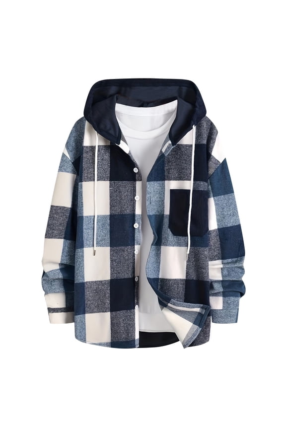 Men's Plaid Flannel Shirt Long Sleeve Button Up Hooded Shirts Checkered Shirts with Pocket Navy M