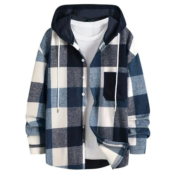 IYTR Men's Plaid Flannel Shirt Long Sleeve Button Up Hooded Shirts Checkered Shirts with Pocket Navy S