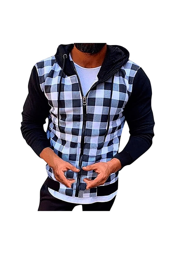 Men's Plaid Hoodie Zipper Long Sleeve Sweatshirt Green Black Checkered Jacket Fashion Hooded Top Outwear Coat White XL