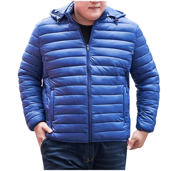 IYTR Men's Puffer Jacket Plus Size Lightweight Down Jacket Long Sleeve Hooded Jacket Zip up Padded Coat Warm Winter Coats (Blue,XXXXL)