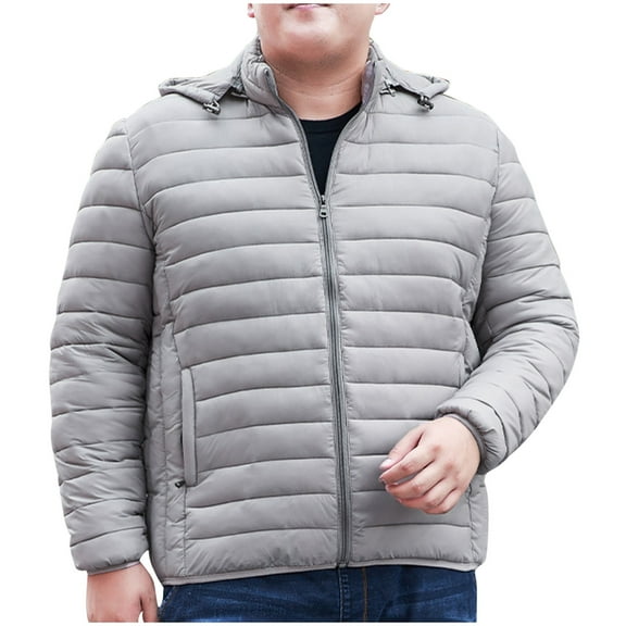 IYTR Men's Puffer Jacket Plus Size Lightweight Down Jacket Long Sleeve Hooded Jacket Zip up Padded Coat Warm Winter Coats (Light Gray,L)
