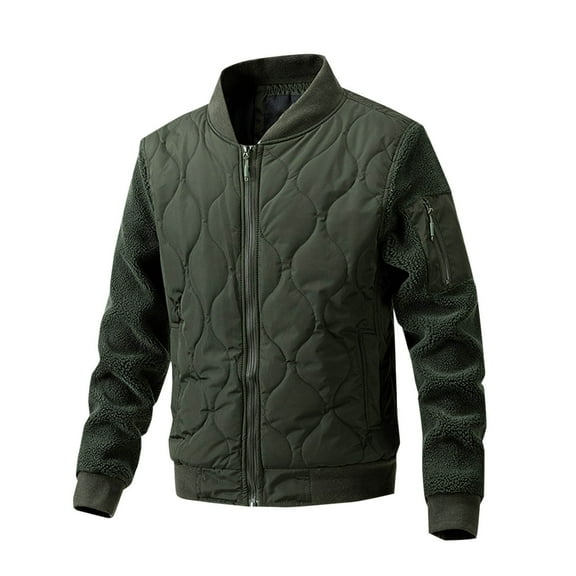 IYTR Men's Quilted Jacket Stand Collar Solid Color Long Sleeve Coat Winter Warm Fleece Lined Full Zip Up Outerwear with Pockets Army Green XXL