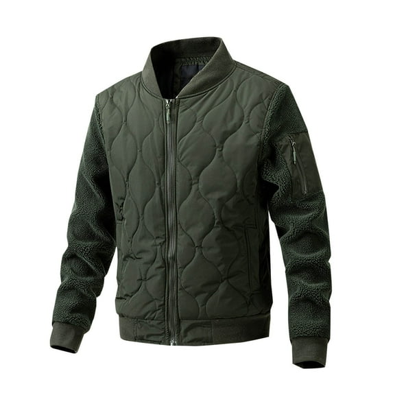IYTR Men's Quilted Jacket Stand Collar Solid Color Long Sleeve Coat Winter Warm Fleece Lined Full Zip Up Outerwear with Pockets Army Green XXXL