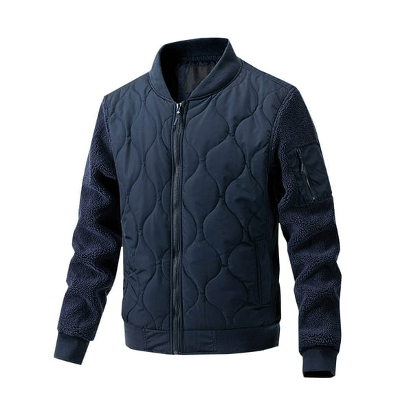 IYTR Men's Quilted Jacket Stand Collar Solid Color Long Sleeve Coat Winter Warm Fleece Lined Full Zip Up Outerwear with Pockets Dark Blue XXL