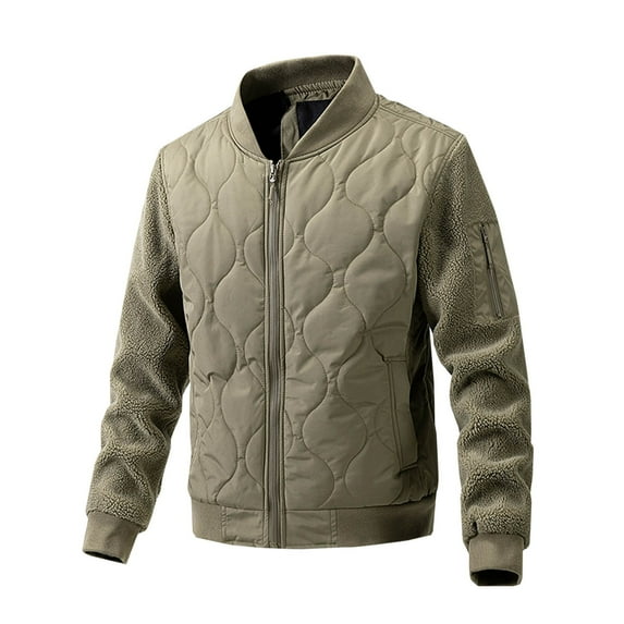 IYTR Men's Quilted Jacket Stand Collar Solid Color Long Sleeve Coat Winter Warm Fleece Lined Full Zip Up Outerwear with Pockets Khaki XXXL