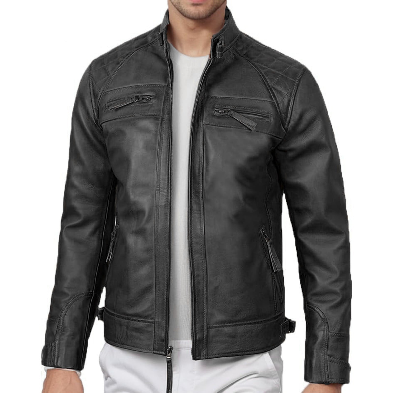 IYTR Men's Real Leather Jacket Black Motorcycle Biker Jacket Classic Zipper Stand Collar Outwear Slim Motorcycle Jacket Black XXXL