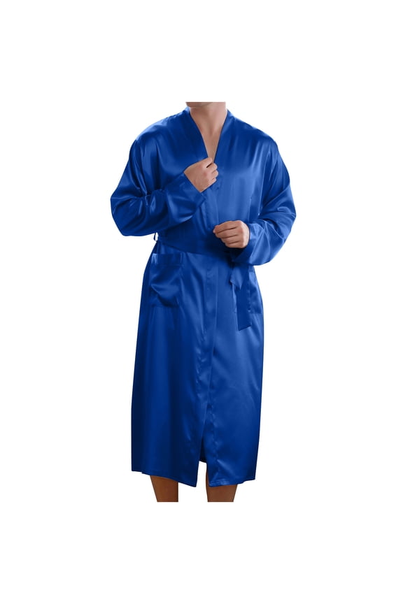 Men's Robe Solid Color Long Sleeves Bathrobe Leisure Shawl Collar Lace-up Home Pocket Long Pajamas Robe Blue L
