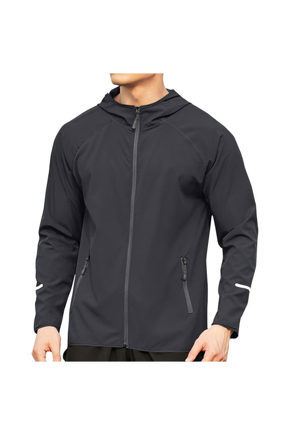 Men's Running Jacket Lightweight Water Windproof Hooded Workout Athletic Zip Up Outdoor Sports Activewear Full Zip Jacket Dark Gray L