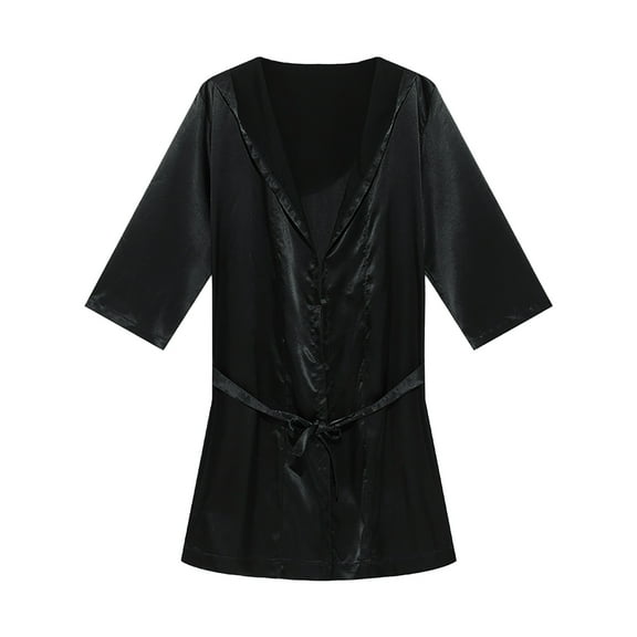 IYTR Men's Satin NightShirt Comfy Soft Silky Half Sleeve Nightgown Loose Basic Solid Homewear Black M