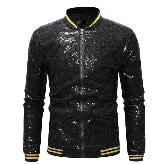 IYTR Men's Sequin Jacket Party Clubwear Long Sleeve Gold Trim Stand-Up Collar Coats Black M