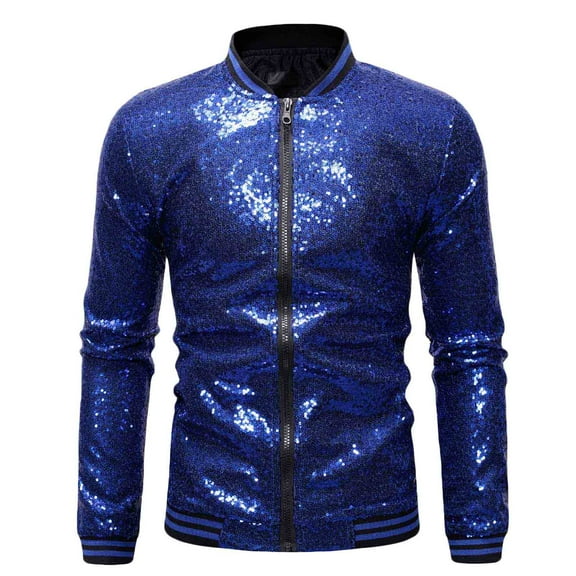 IYTR Men's Sequin Jacket Party Clubwear Long Sleeve Gold Trim Stand-Up Collar Coats Blue M