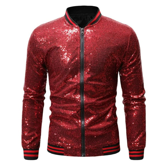 IYTR Men's Sequin Jacket Party Clubwear Long Sleeve Gold Trim Stand-Up Collar Coats Wine XL