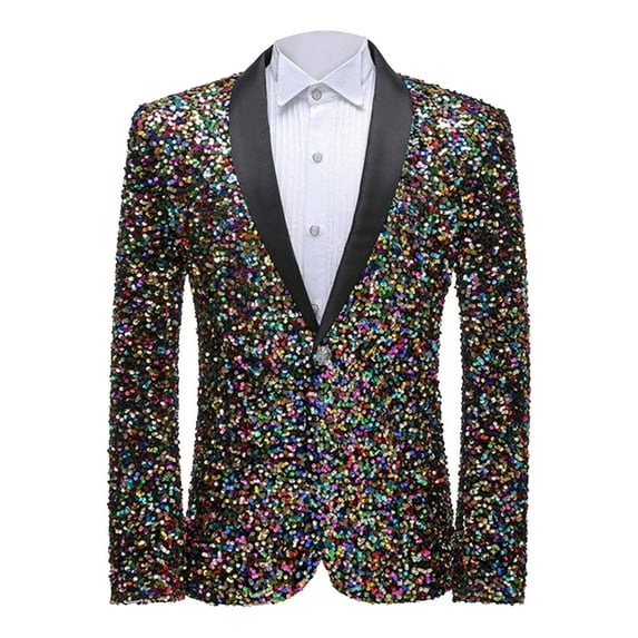 IYTR Men's Sequined Blazer Formal Shiny Party Wedding Suit Jacket Black Collar Button Long Sleeve Blazer Multicolor XL