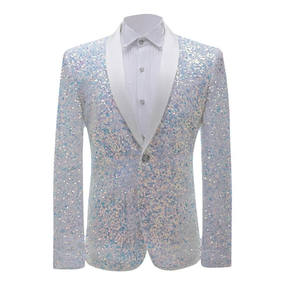 IYTR Men's Sequined Blazer Formal Shiny Party Wedding Suit Jacket Black Collar Button Long Sleeve Blazer White XXL