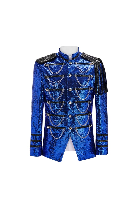 Men's Sequined Blazer Gold Chain Decor Long Sleeve Button Up Jacket Party Wedding Formal Prom Suit Blazer Chain Sequin Blue L