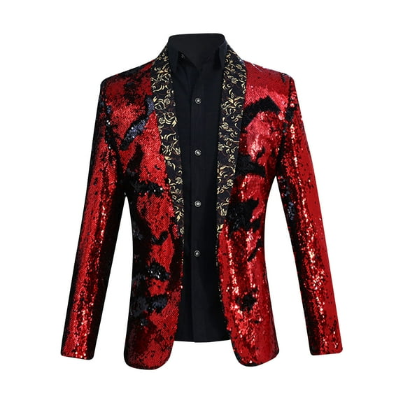IYTR Men's Sequined Blazer Gold Long Sleeve Party Wedding Blazer Formal Suit Jacket Shiny Sequin Blazer Prom Party Wedding Out Men Red M
