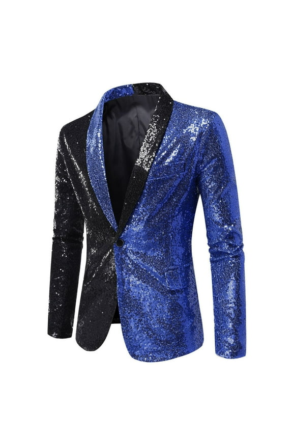 Men's Sequined Blazer Party Wedding Formal Slim Button Long Sleeve Blazer Jacket Black Blue Sequin Blue XL