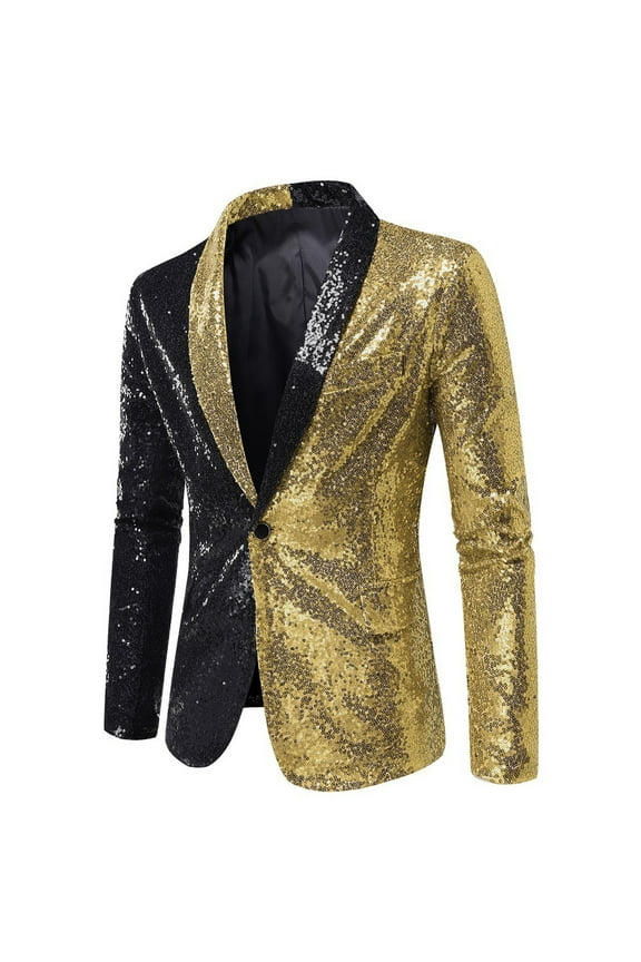 Men's Sequined Blazer Party Wedding Formal Slim Button Long Sleeve Blazer Jacket Black Blue Sequin Gold XXL