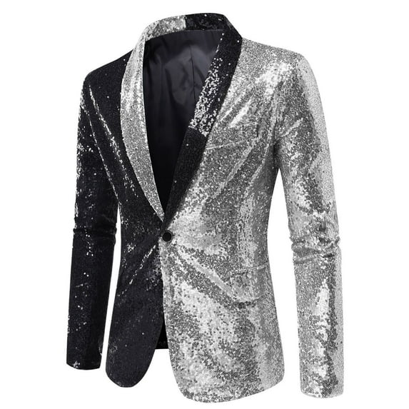 IYTR Men's Sequined Blazer Party Wedding Formal Slim Button Long Sleeve Blazer Jacket Black Blue Sequin Silver XXL