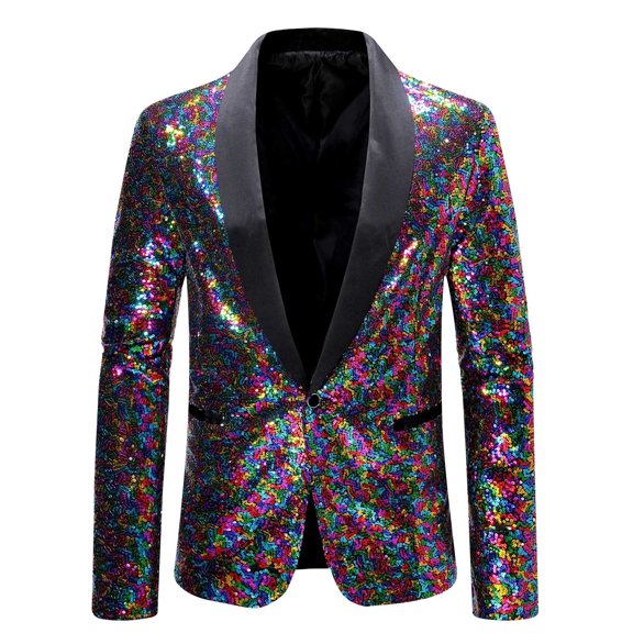 IYTR Men's Sequined Blazer Slim Formal Party Wedding Blazer Jacket One Button Shiny Blazer Evening Suit Coat for Men Multicolor L