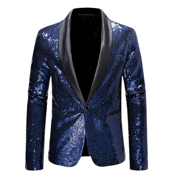 IYTR Men's Sequined Blazer Slim Formal Party Wedding Blazer Jacket One Button Shiny Blazer Evening Suit Coat for Men Navy M
