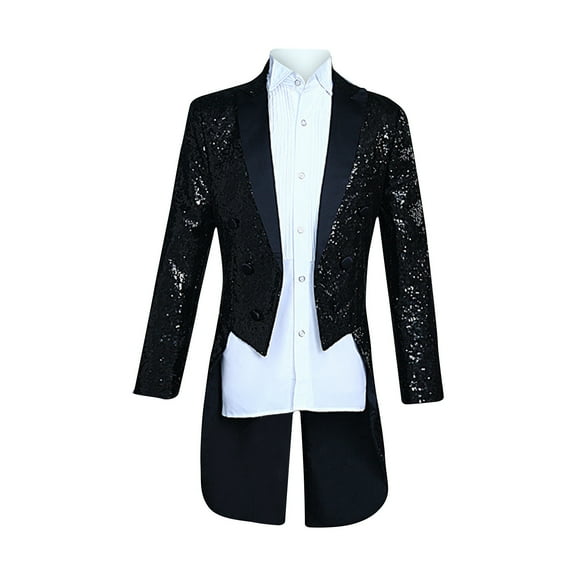 IYTR Men's Sequined Tailcoat Jacket Formal Wedding Party Prom Suit Blazer Black Long Sleeve Tuxedo Elegant Sequin Coat Evening Party Black XXL