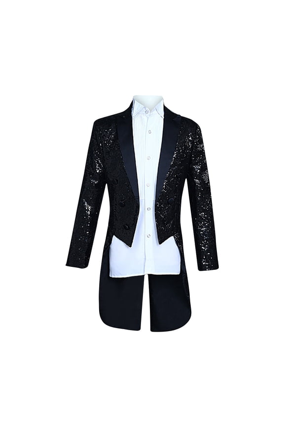 Men's Sequined Tailcoat Jacket Formal Wedding Party Prom Suit Blazer Black Long Sleeve Tuxedo Elegant Sequin Coat Evening Party Black XXL