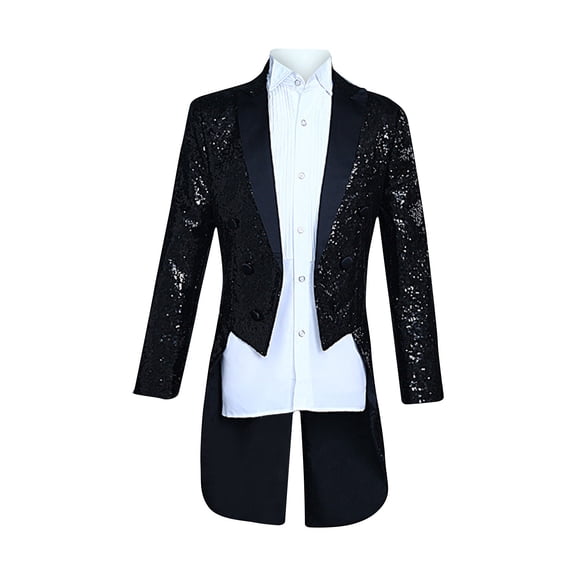 IYTR Men's Sequined Tailcoat Jacket Formal Wedding Party Prom Suit Blazer Black Long Sleeve Tuxedo Elegant Sequin Coat Evening Party Black XXXL