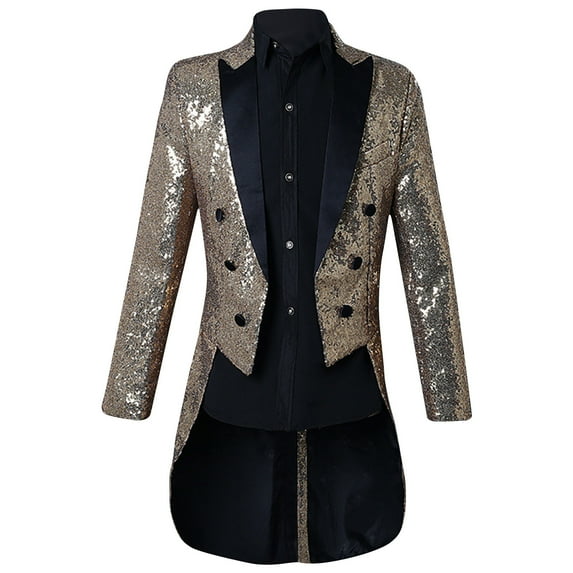 IYTR Men's Sequined Tailcoat Jacket Formal Wedding Party Prom Suit Blazer Black Long Sleeve Tuxedo Elegant Sequin Coat Evening Party Gold XL