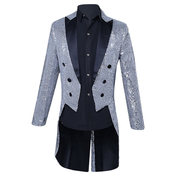 IYTR Men's Sequined Tailcoat Jacket Formal Wedding Party Prom Suit Blazer Black Long Sleeve Tuxedo Elegant Sequin Coat Evening Party White M