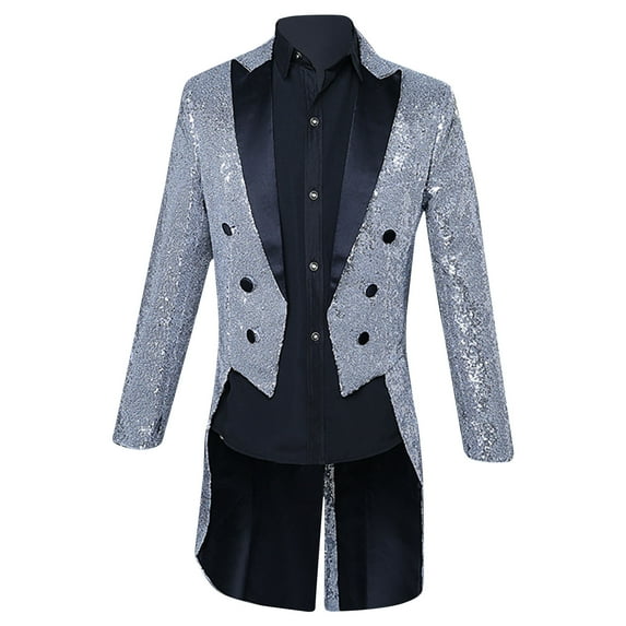 IYTR Men's Sequined Tailcoat Jacket Formal Wedding Party Prom Suit Blazer Black Long Sleeve Tuxedo Elegant Sequin Coat Evening Party White XL
