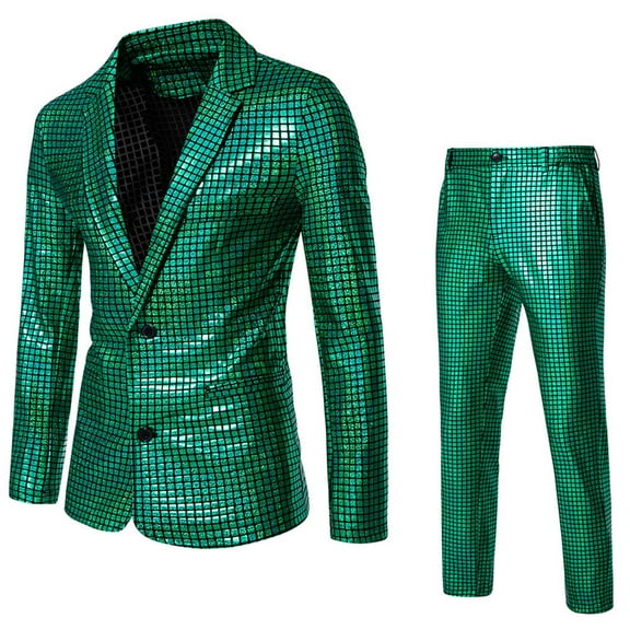 IYTR Men's Shiny Blazer Suit Set Sequin Party Wedding Formal Slim Blazer Pants Outfit Two Piece Suit Green XXL