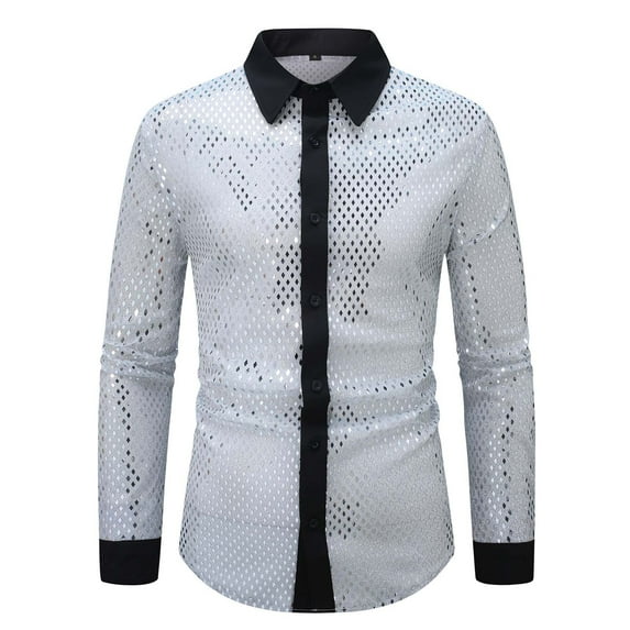 IYTR Men's Shiny Sequin Mesh Long Sleeve Shirts Casual Fashion Stretch Button Down Lapel Beach Shirt (White,XL)