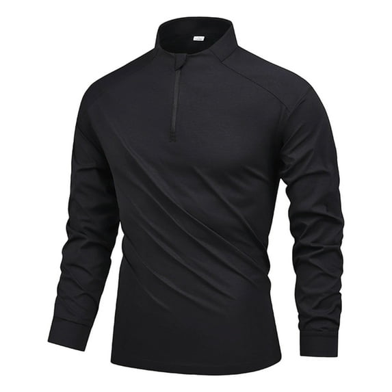 IYTR Men's Shirts 1/4 Zip Long Sleeve Sports Shirt Solid Color Casual Pullover Top with Pockets (Black,XL)