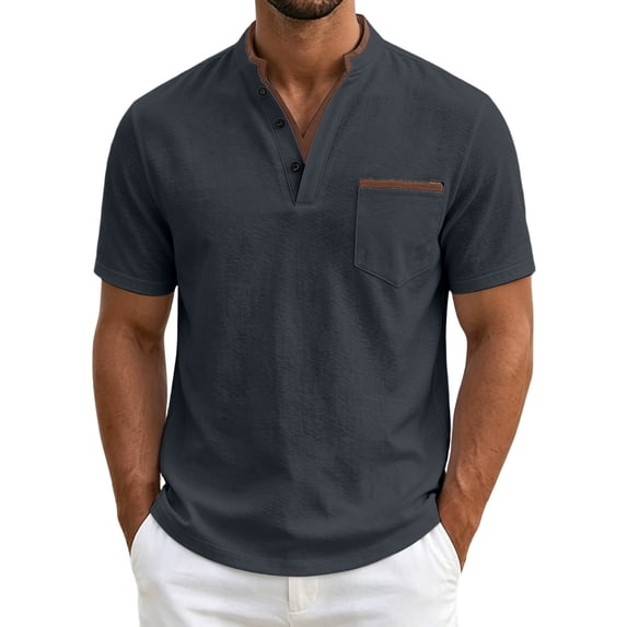 IYTR Men's Shirts V-Neck Short Sleeve Button Shirt Contrast Trim Chest Pocket Casual Summer Solid Color Loose Fit Everyday Top (Black,S)