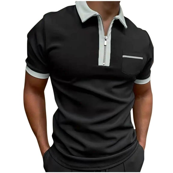 IYTR Men's Shirts Work Blouse Fashion Solid Color Classic Tshirt Leisure Mens T Shirts Loose Short Sleeve T Shirts Business Casual Zipper Lapel Blouses(Black,XXXL)