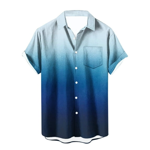IYTR Men's Short Sleeve Button Shirts Summer Fashion Gradient Color Lapel Hawaiian Beach Shirt Casual Loose Blouses Dark Blue XXL