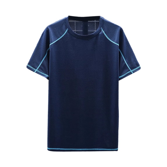 IYTR Men's Short Sleeve Dress Shirts Crew Neck Athletic T-Shirt Contrast Stitching Short Sleeve Comfy Wicking Workout Gym Running Activewear Top (Dark Blue,L)