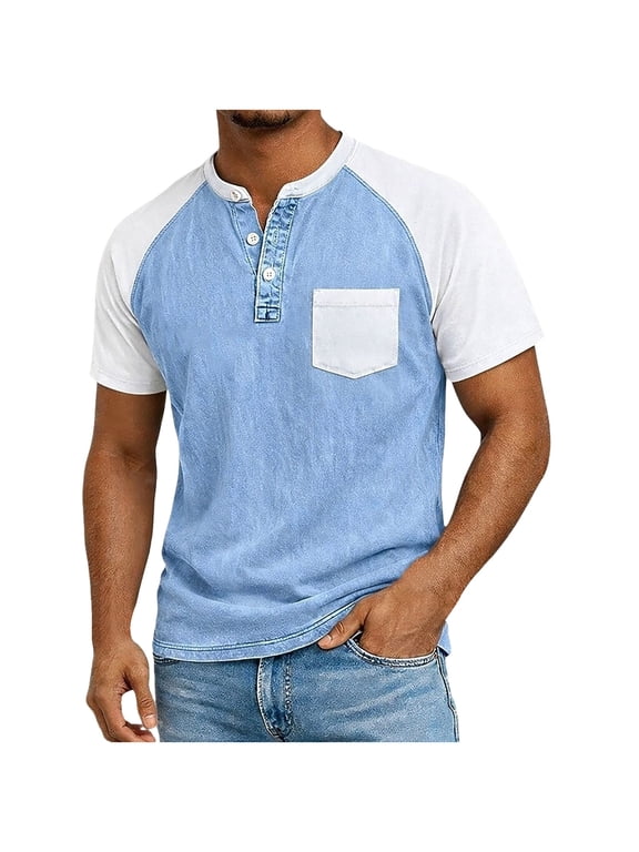 Men's Short Sleeve Dress Shirts Crew Neck Short Sleeve Color Block Button Shirt Chest Pocket Raglan Sleeve Casual Summer Everyday Solid Color Tee (Light Blue,S)