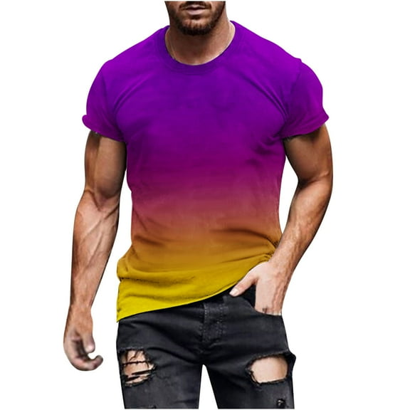 IYTR Men's Short Sleeve T-Shirts Gradient Color Round Neck Graphic Tee Shirts Casual Fashion Tshirts Holiday Tops Hot Pink S