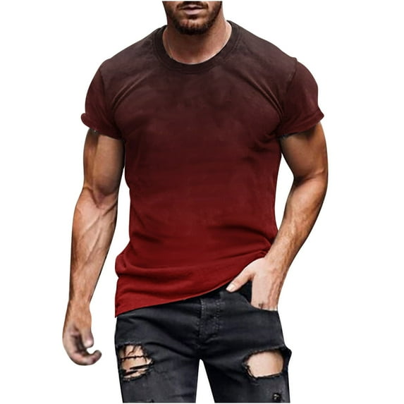 IYTR Men's Short Sleeve T-Shirts Gradient Color Round Neck Graphic Tee Shirts Casual Fashion Tshirts Holiday Tops Red S