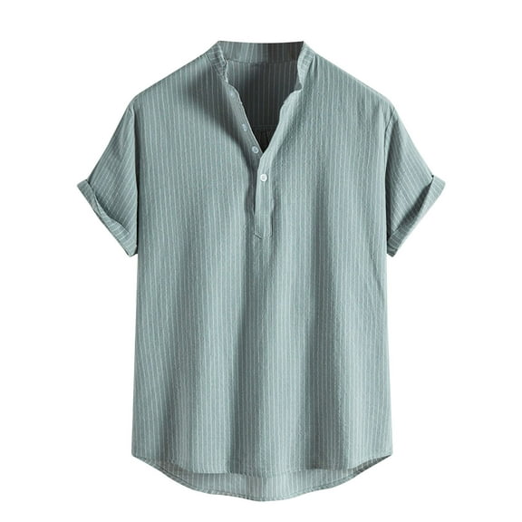 IYTR Men's Short Sleeve T Shirts Summer Stand Collar Stripe Shirts Casual Loose Blouses Fashion Lightweight Tops Green S