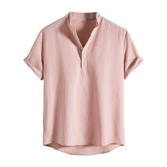 IYTR Men's Short Sleeve T Shirts Summer Stand Collar Stripe Shirts Casual Loose Blouses Fashion Lightweight Tops Pink XL