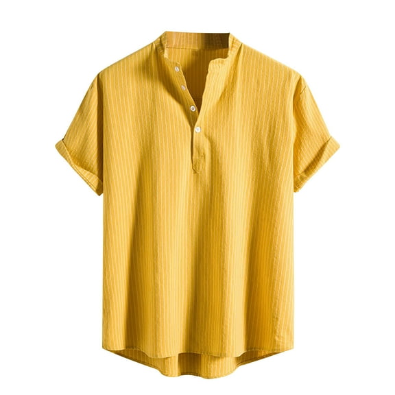 IYTR Men's Short Sleeve T Shirts Summer Stand Collar Stripe Shirts Casual Loose Blouses Fashion Lightweight Tops Yellow S