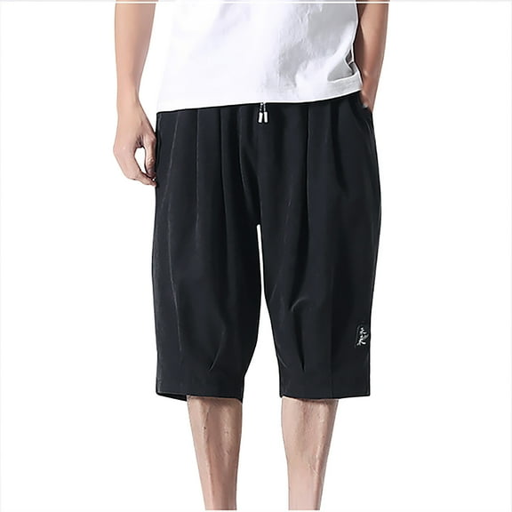 IYTR Men's Shorts Fashion Solid Color Drawstring Shorts Loose Fit Summer Linen Baggy 3/4 Pants with Pockets Black XXL