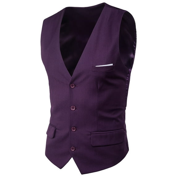 IYTR Men's Single Breasted Suit Vest Solid Color Sleeveless Jacket Button-up V Neck Coat Slimming Suit Jackets Top with Pocket Purple XXXL
