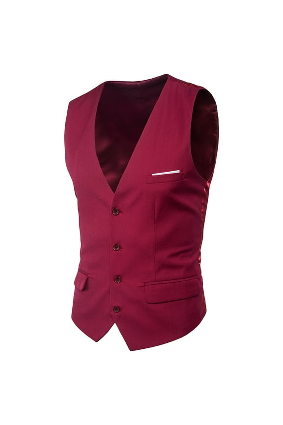 Men's Single Breasted Suit Vest Solid Color Sleeveless Jacket Button-up V Neck Coat Slimming Suit Jackets Top with Pocket Red XXXXL